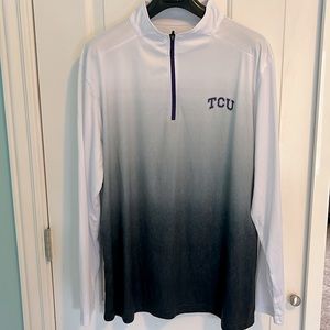 TCU Pullover Men’s XL- white/grey. Purple TexasChristianUniversity logo/zipper.